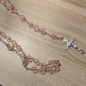 Vintage Pink Beaded Crystal And Silver Cross Rosary Necklace W Enamel Details